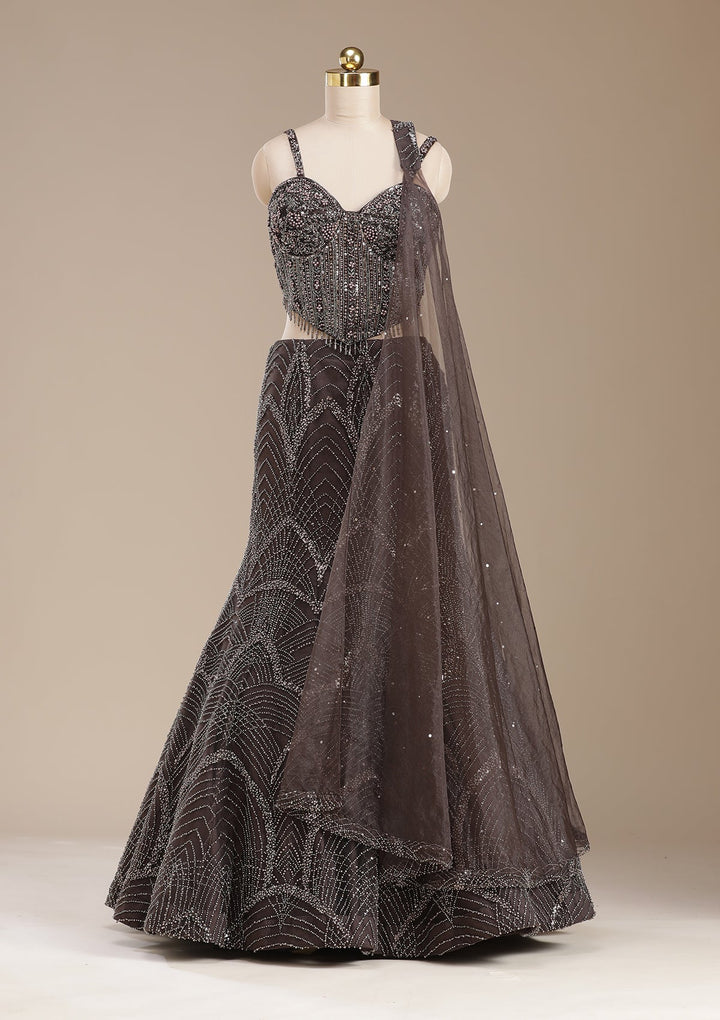 Brown Cutdana Net Readymade Lehenga-koskii