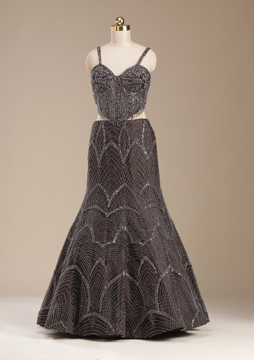 Brown Cutdana Net Readymade Lehenga-koskii