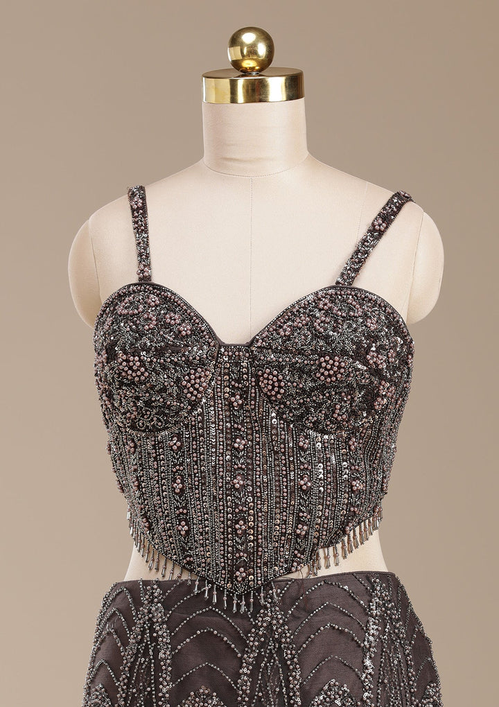 Brown Cutdana Net Readymade Lehenga-koskii