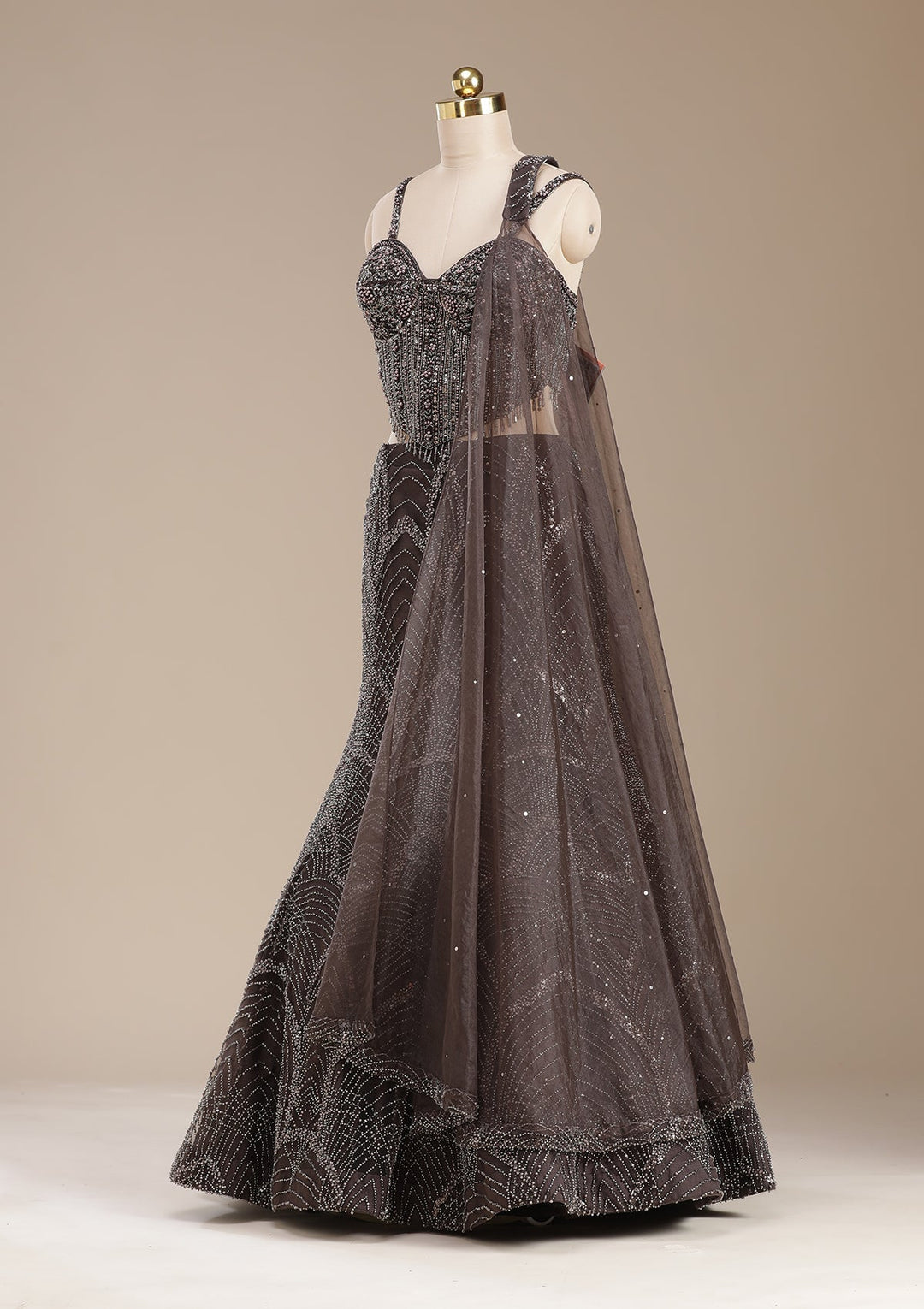 Brown Cutdana Net Readymade Lehenga-koskii