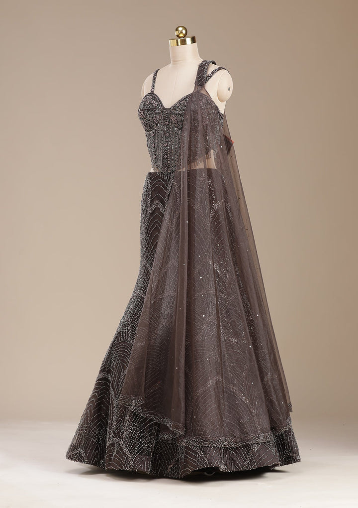 Brown Cutdana Net Readymade Lehenga-koskii