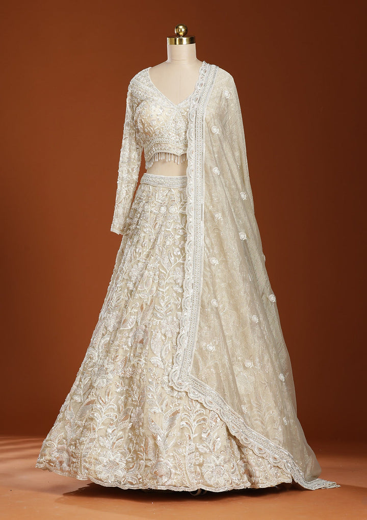 Beige Threadwork Organza Readymade Lehenga-koskii
