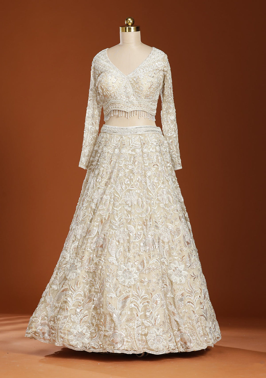 Beige Threadwork Organza Readymade Lehenga-koskii