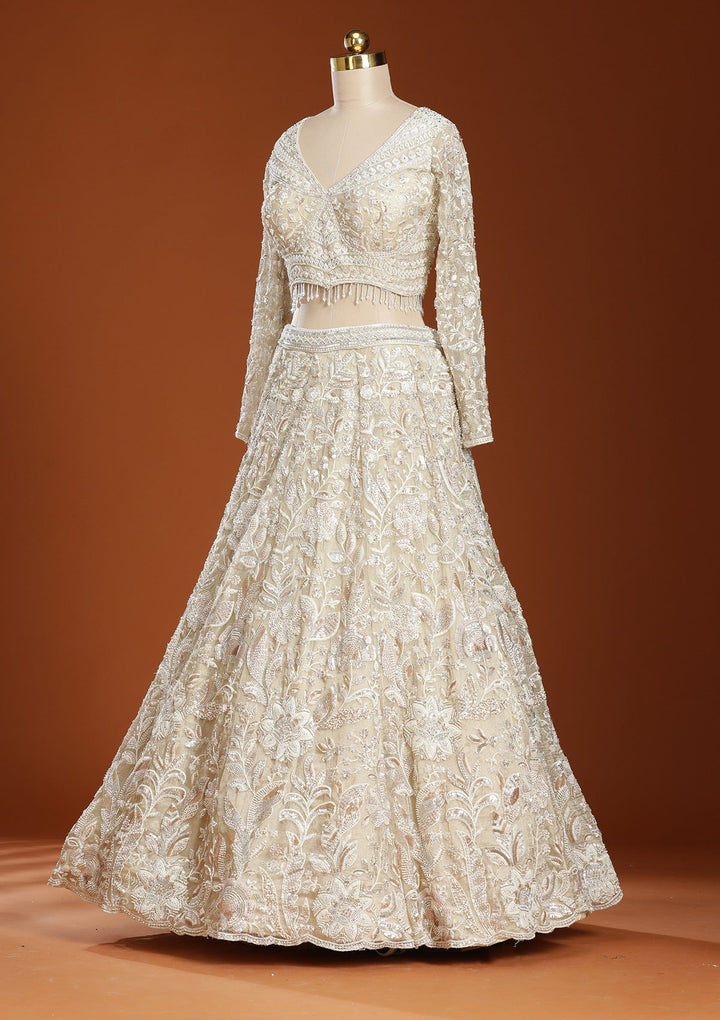 Beige Threadwork Organza Readymade Lehenga-koskii