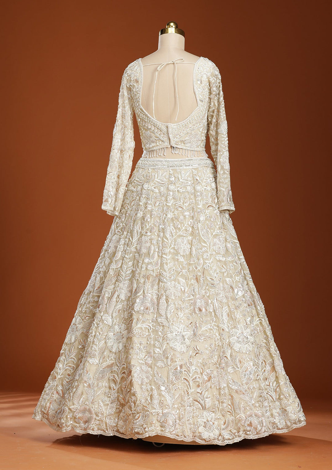 Beige Threadwork Organza Readymade Lehenga-koskii