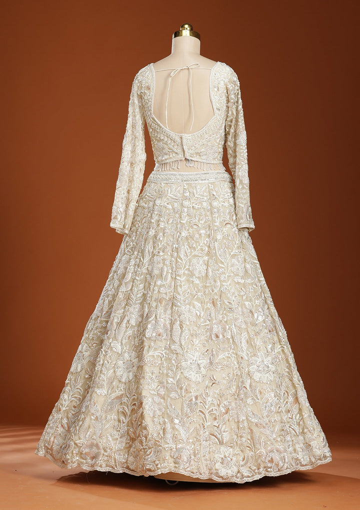 Beige Threadwork Organza Readymade Lehenga-koskii