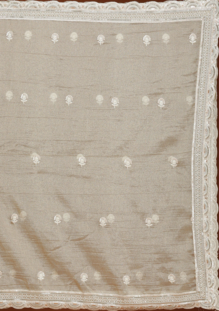 Beige Threadwork Organza Readymade Lehenga-koskii