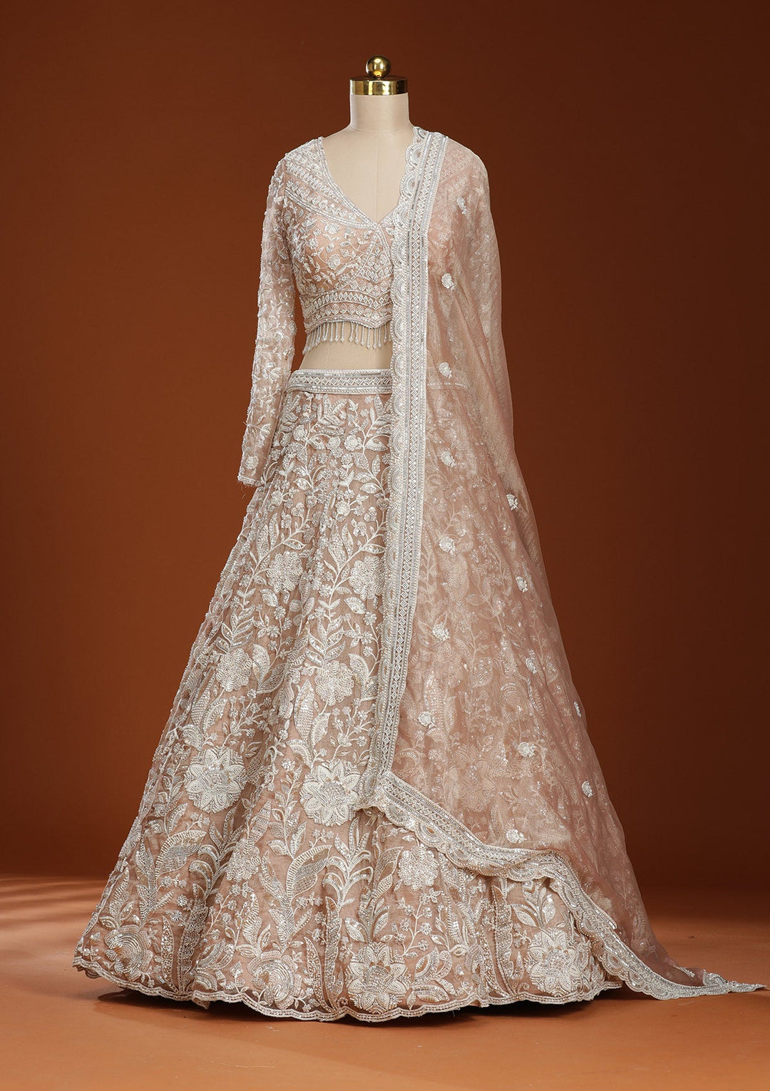 Pink Threadwork Organza Readymade Lehenga-koskii