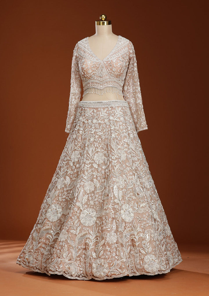 Pink Threadwork Organza Readymade Lehenga-koskii