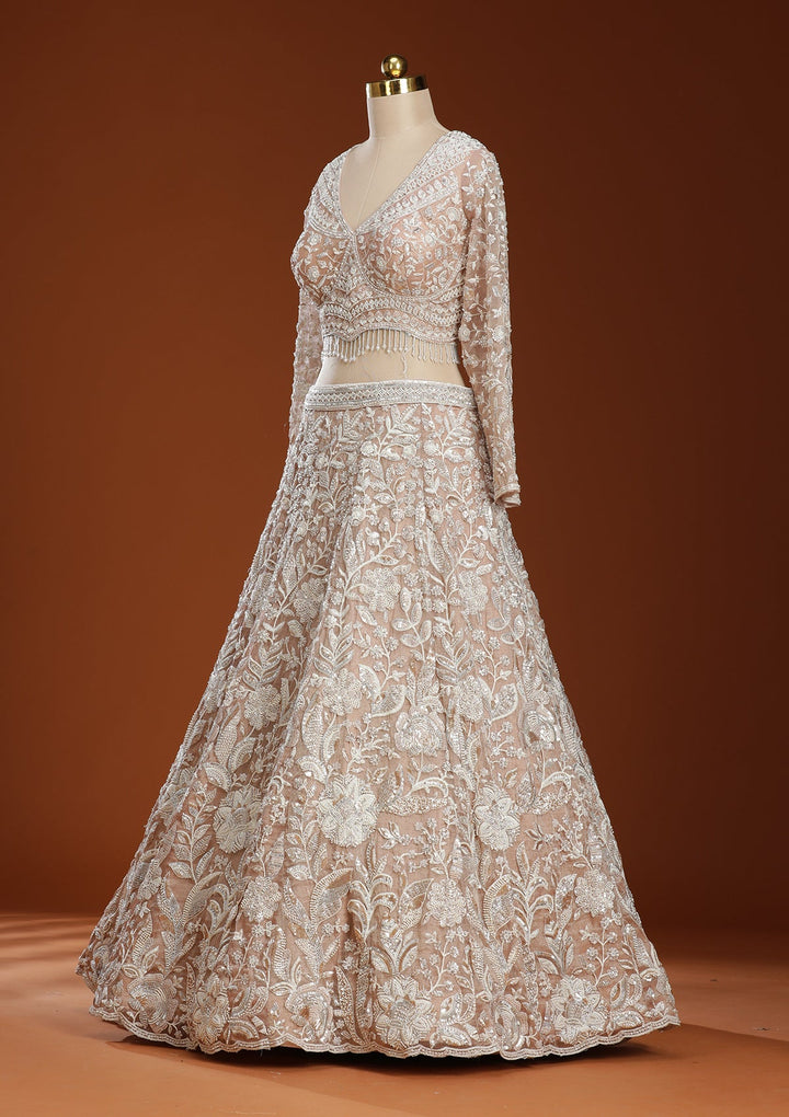 Pink Threadwork Organza Readymade Lehenga-koskii