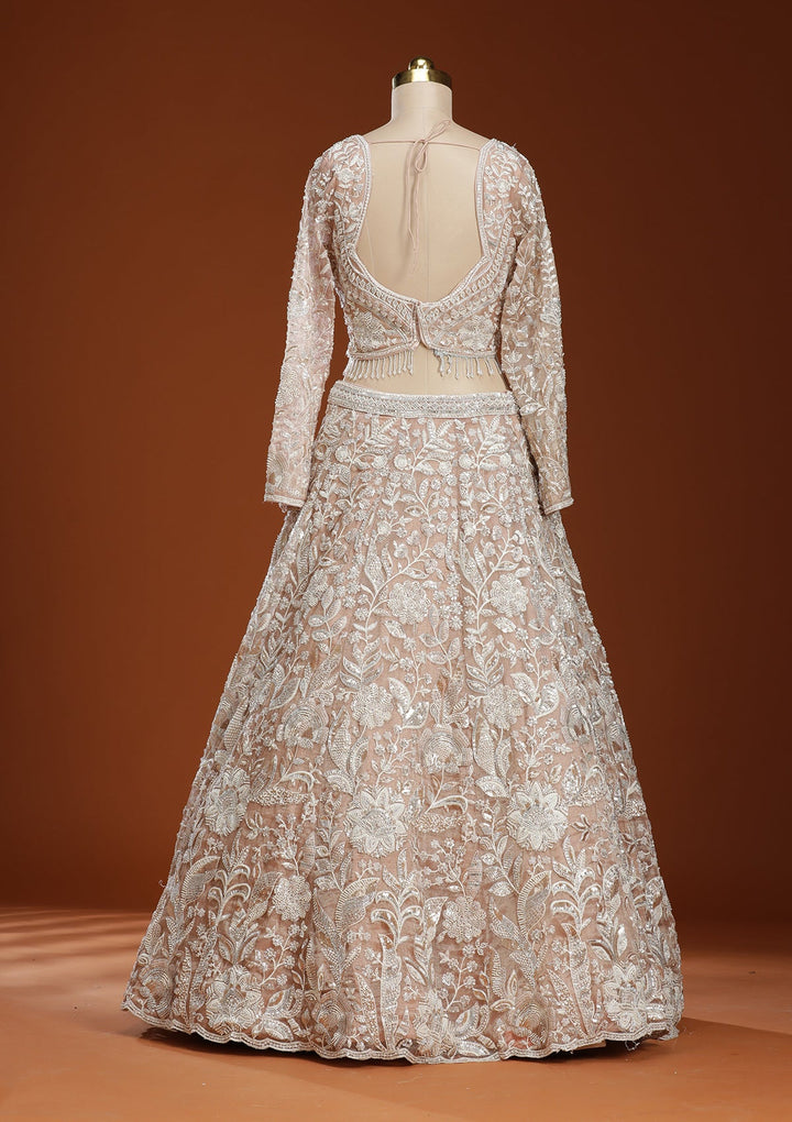 Pink Threadwork Organza Readymade Lehenga-koskii