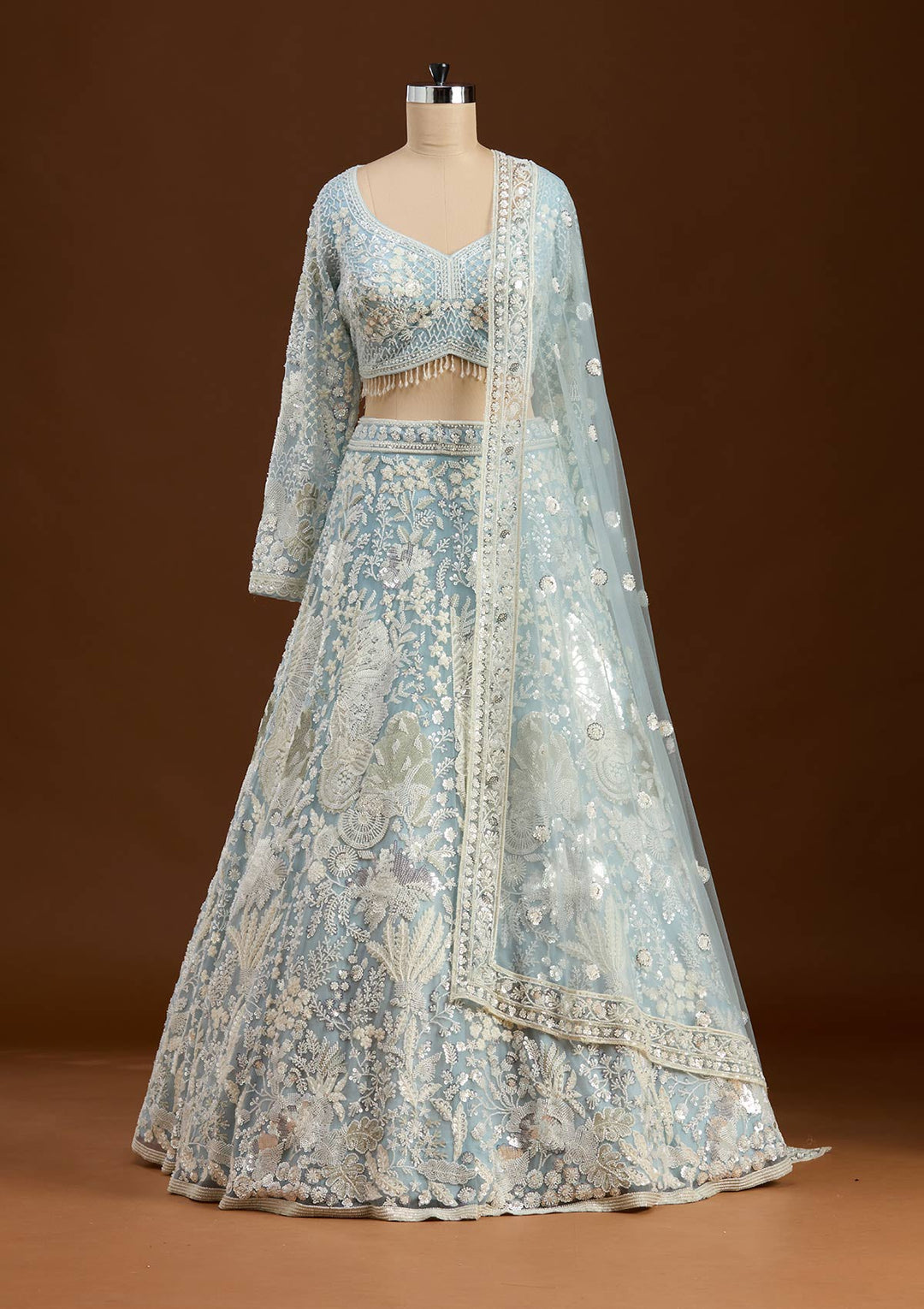 Sky Blue Cutdana Organza Readymade Lehenga-koskii