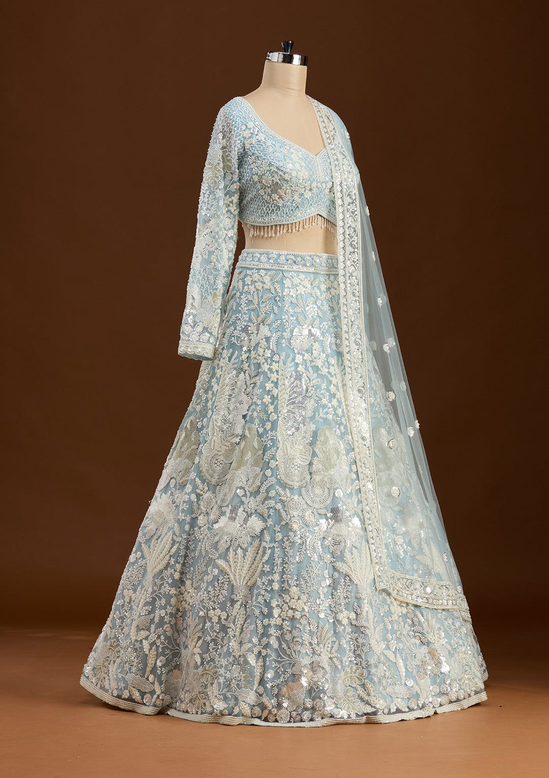 Sky Blue Cutdana Organza Readymade Lehenga-koskii