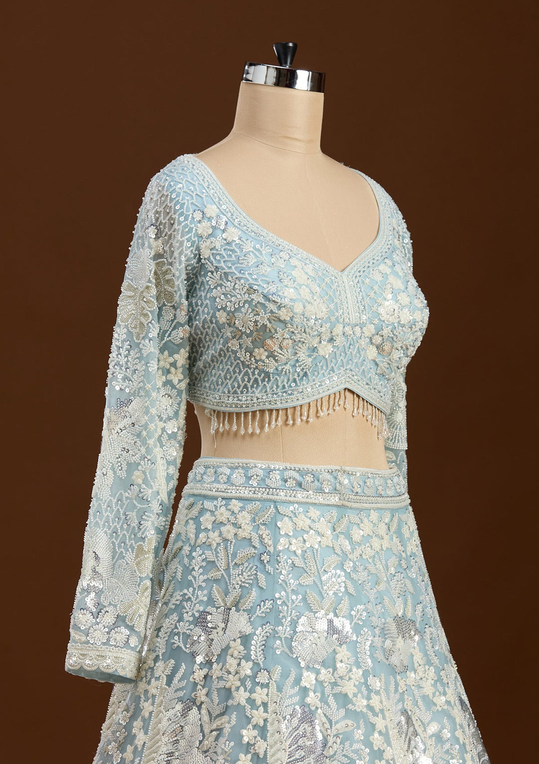 Sky Blue Cutdana Organza Readymade Lehenga-koskii
