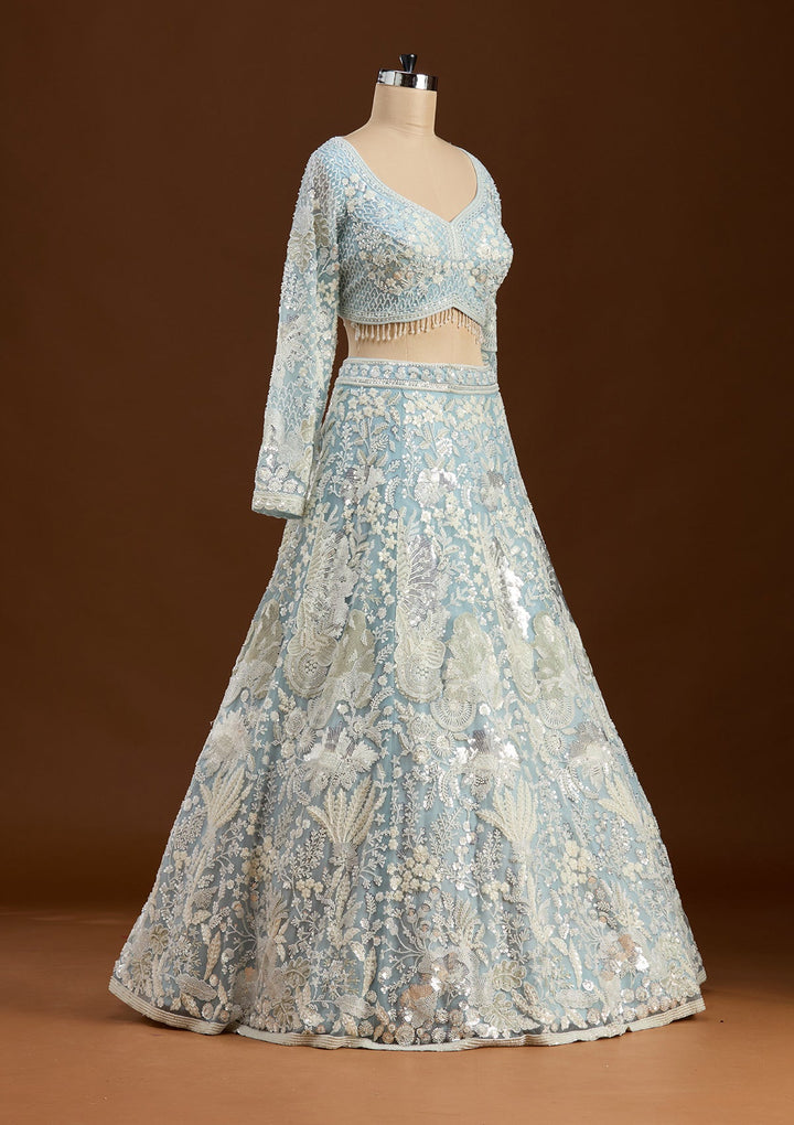 Sky Blue Cutdana Organza Readymade Lehenga-koskii