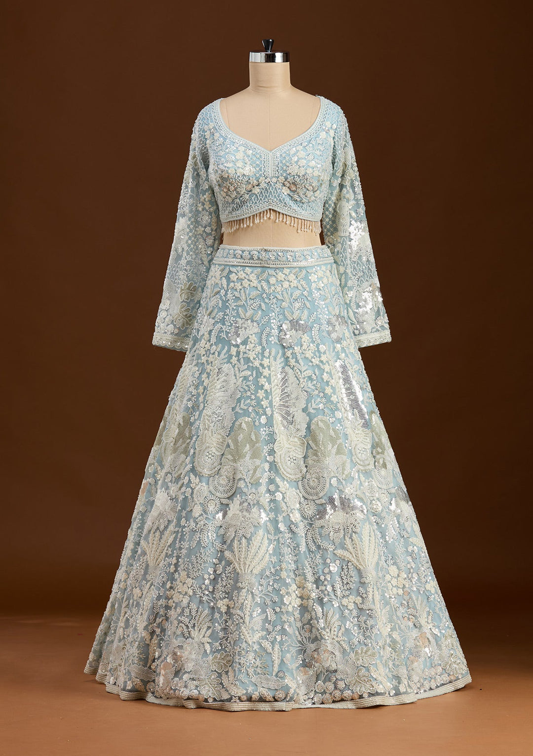 Sky Blue Cutdana Organza Readymade Lehenga-koskii