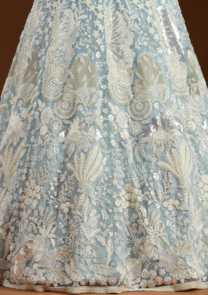 Sky Blue Cutdana Organza Readymade Lehenga-koskii