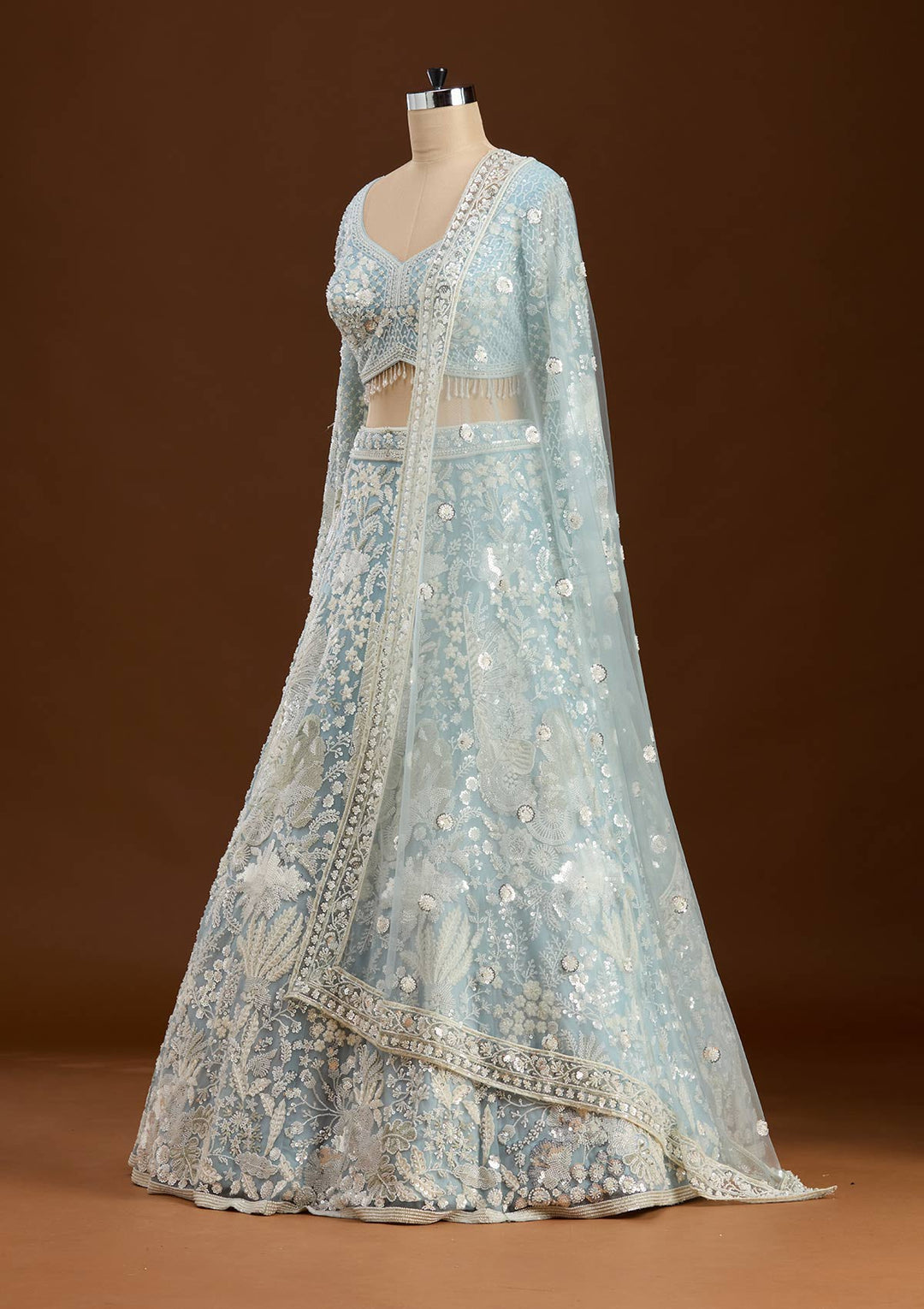 Sky Blue Cutdana Organza Readymade Lehenga-koskii