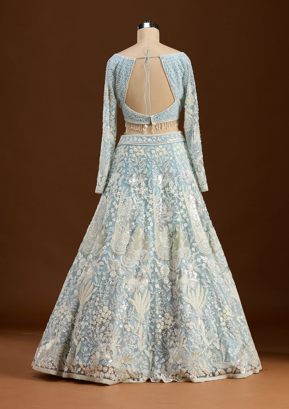 Sky Blue Cutdana Organza Readymade Lehenga-koskii