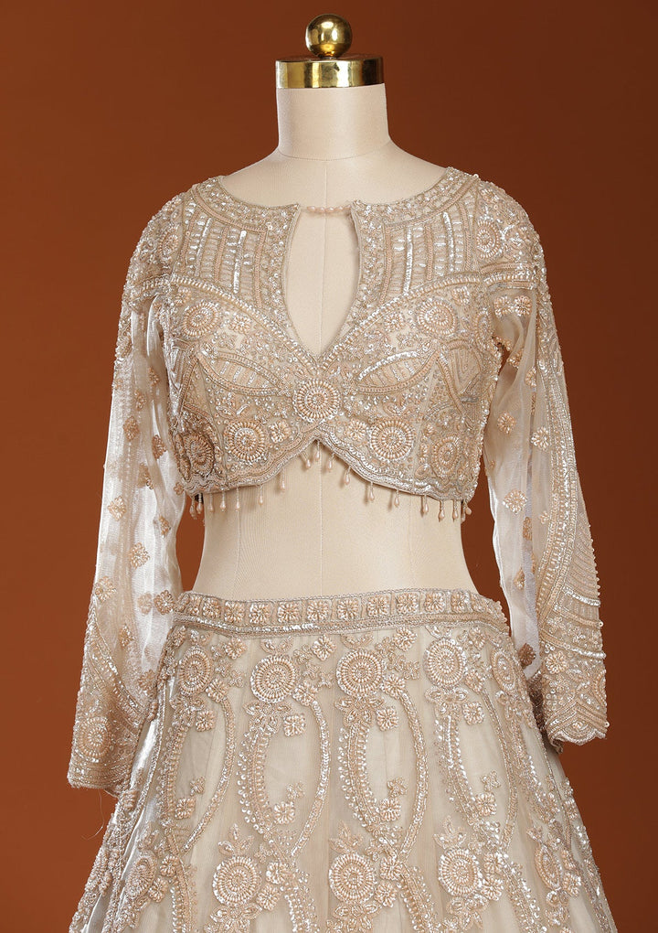 Beige Cutdana Net Readymade Lehenga-koskii
