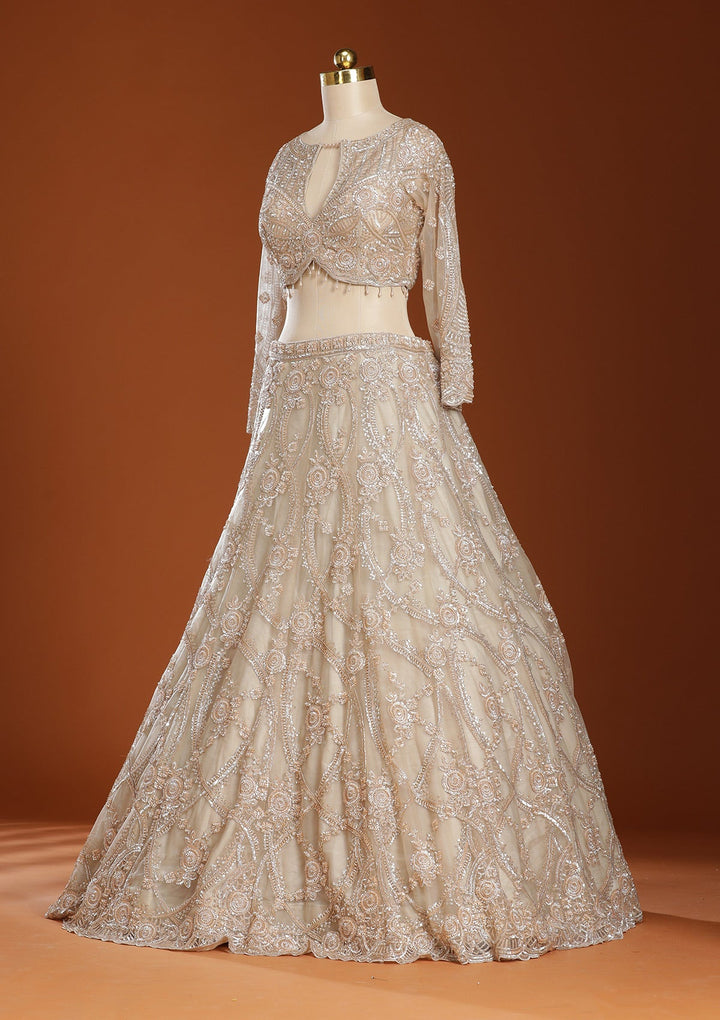 Beige Cutdana Net Readymade Lehenga-koskii