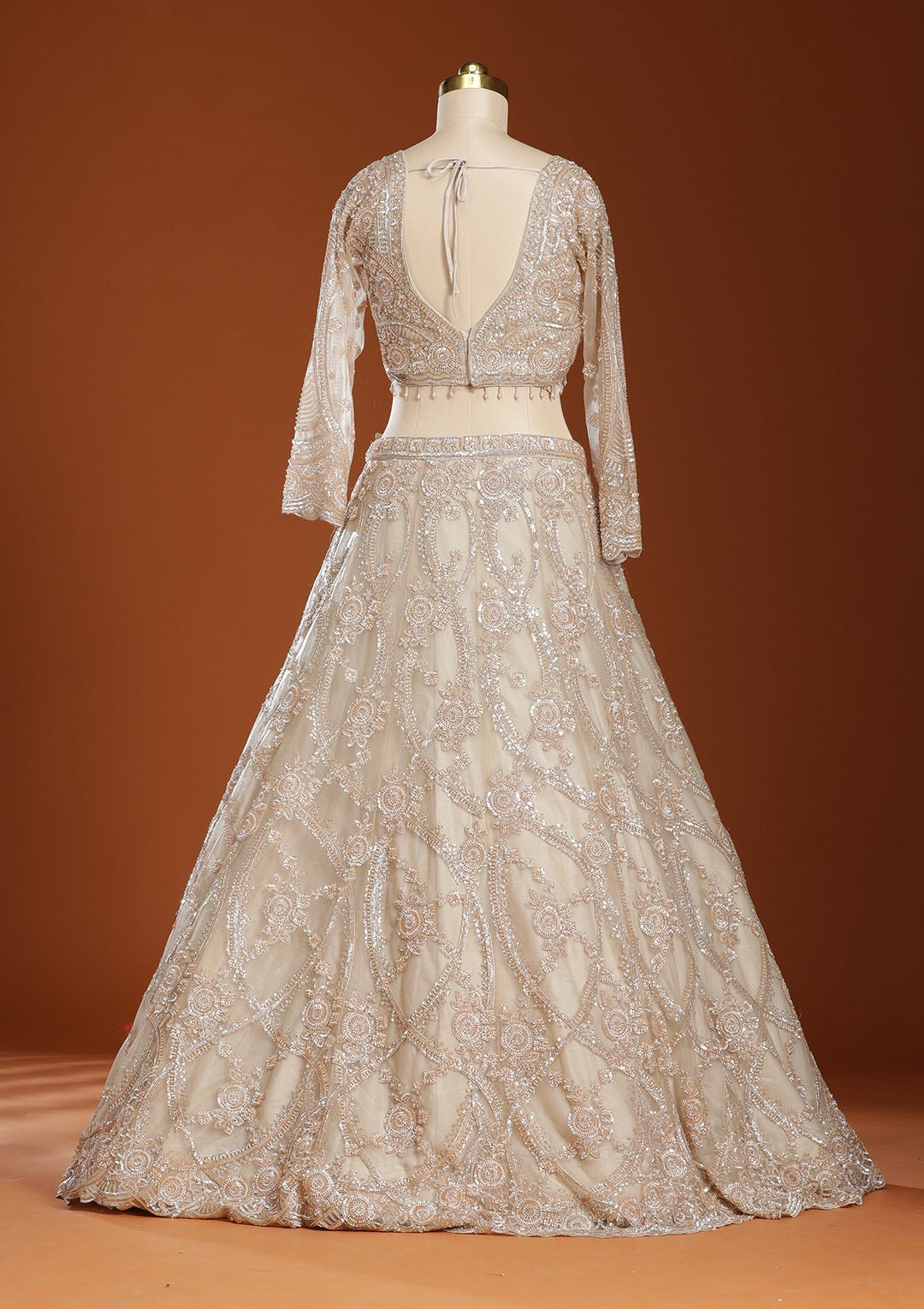 Beige Cutdana Net Readymade Lehenga-koskii