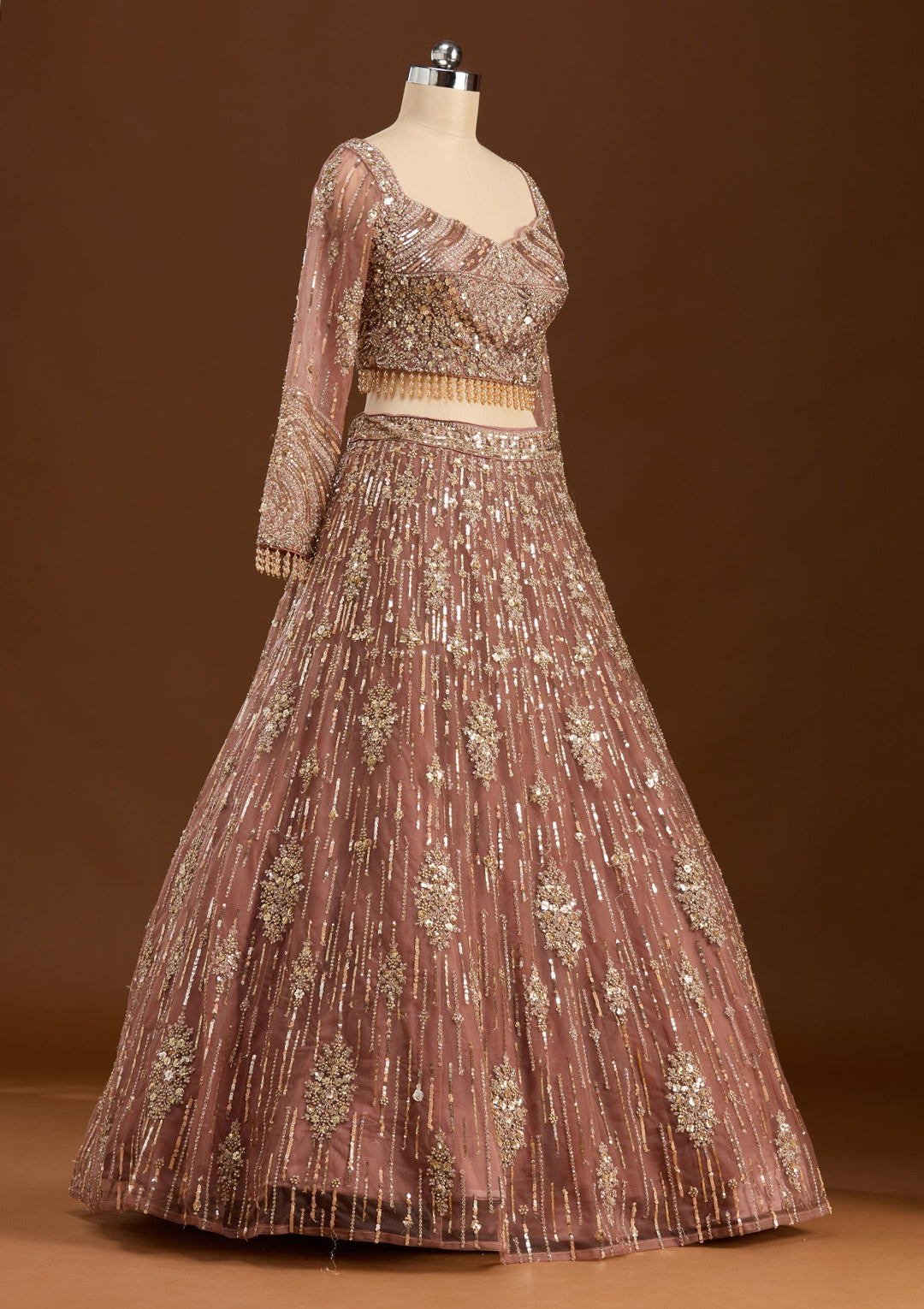 Brown Sequins Net Readymade Lehenga-koskii