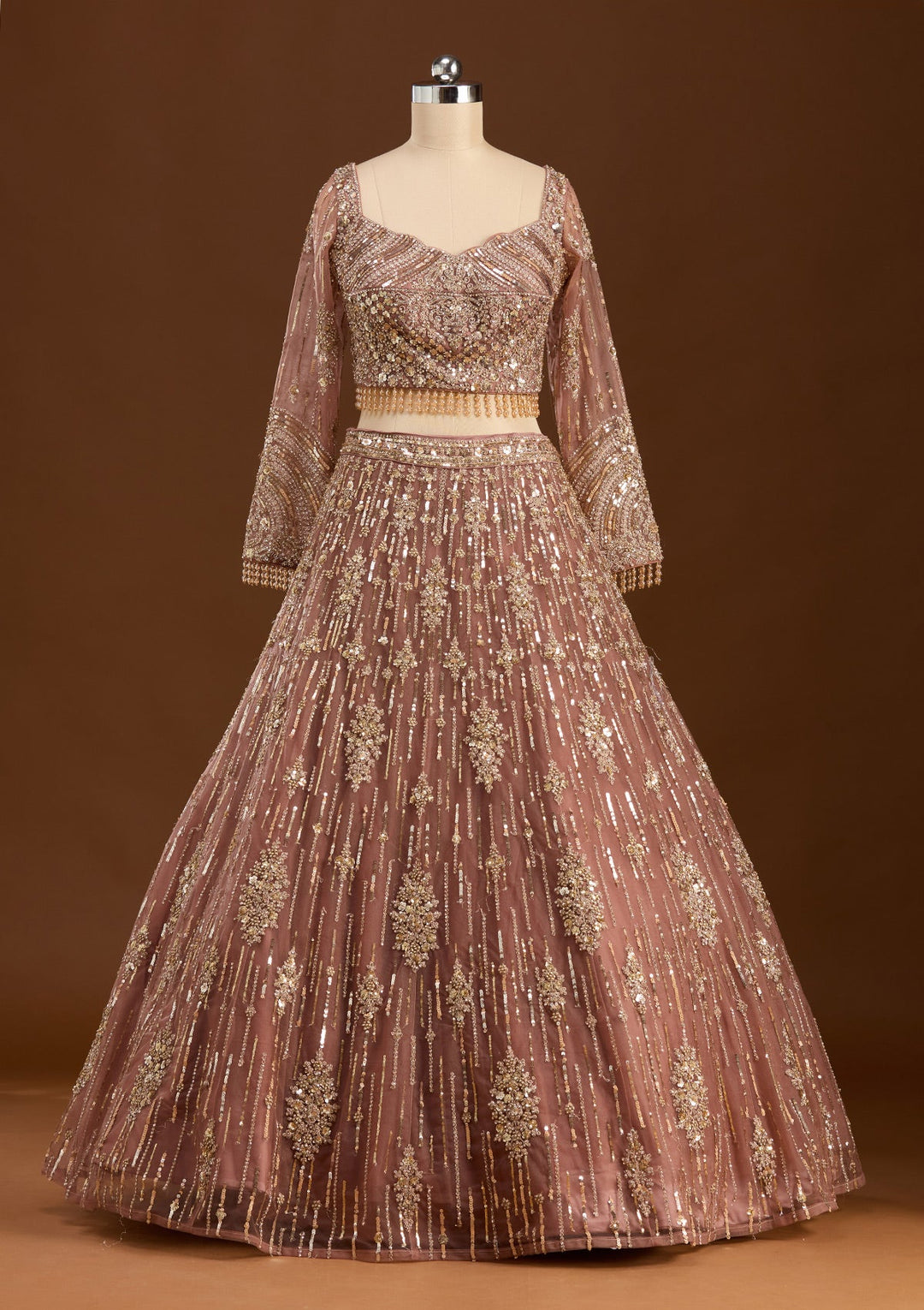 Brown Sequins Net Readymade Lehenga-koskii