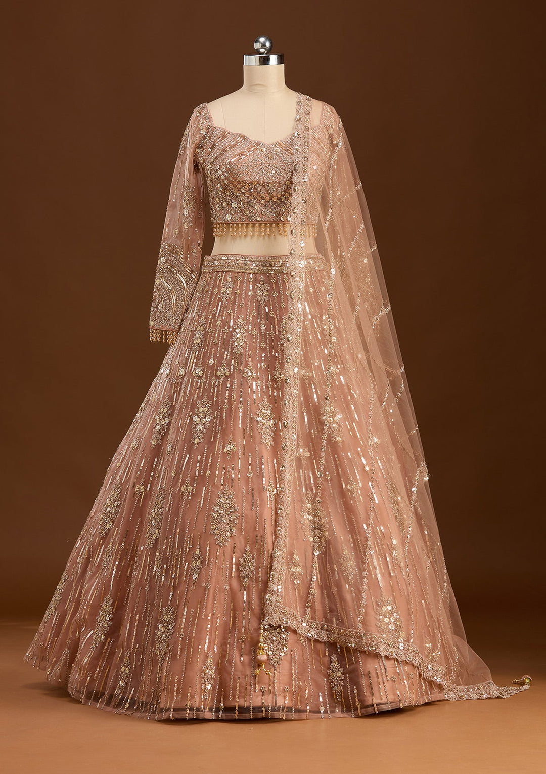 Peach Sequins Net Readymade Lehenga-koskii