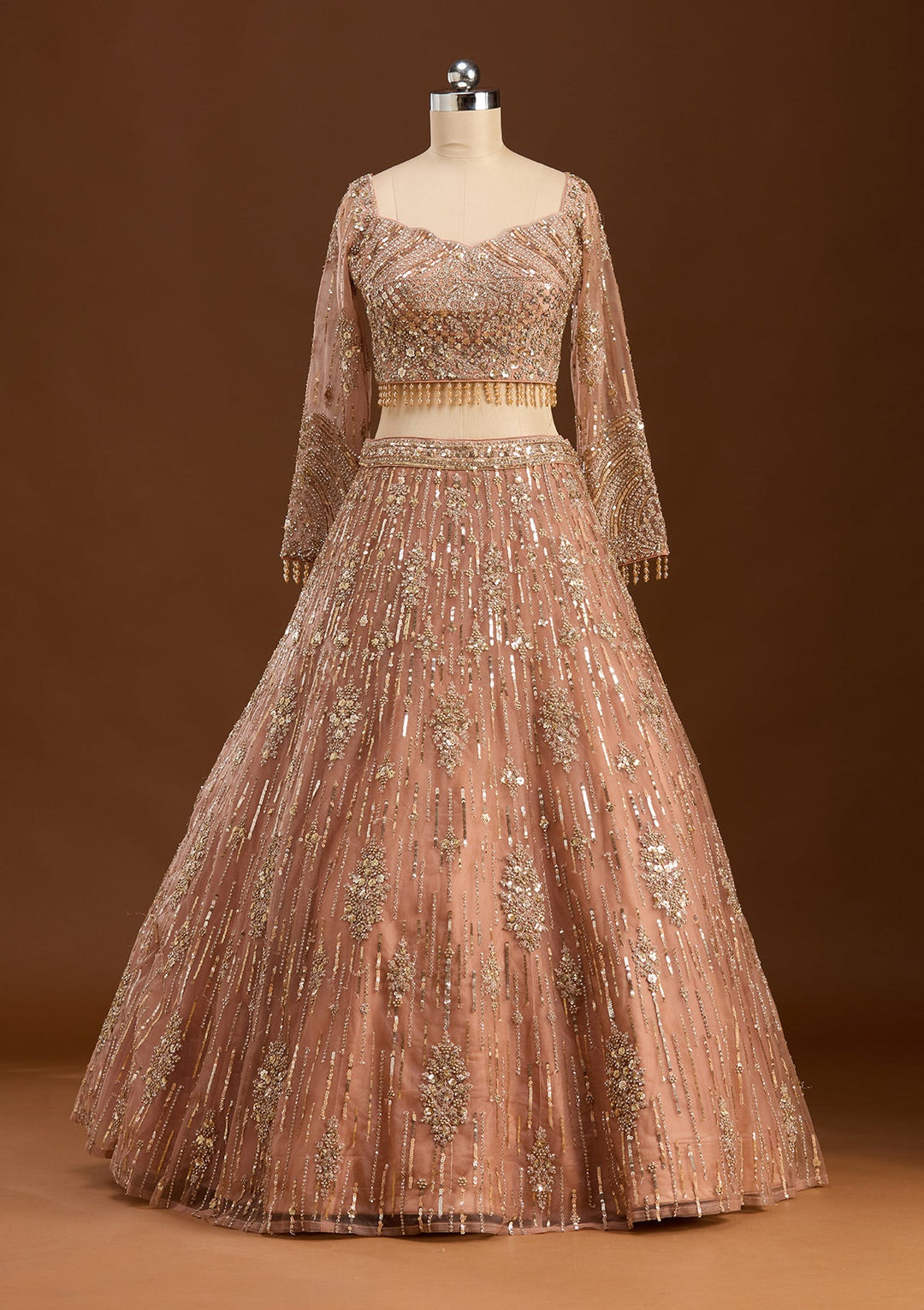 Peach Sequins Net Readymade Lehenga-koskii