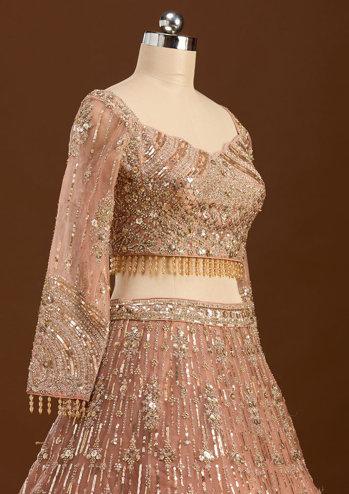 Peach Sequins Net Readymade Lehenga-koskii