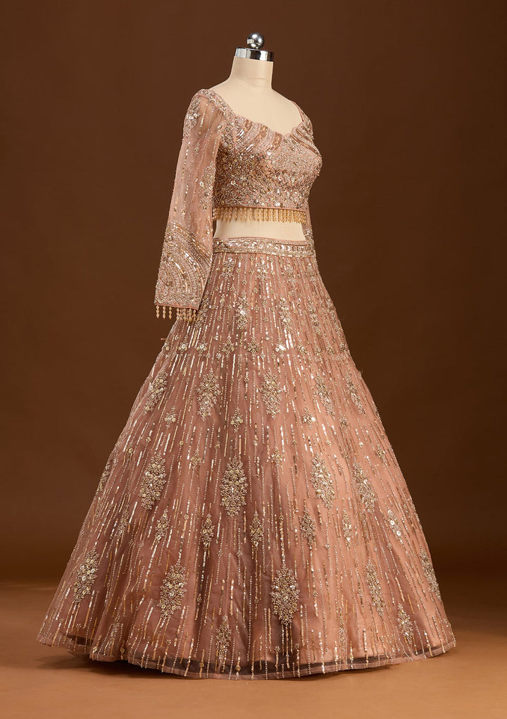 Peach Sequins Net Readymade Lehenga-koskii