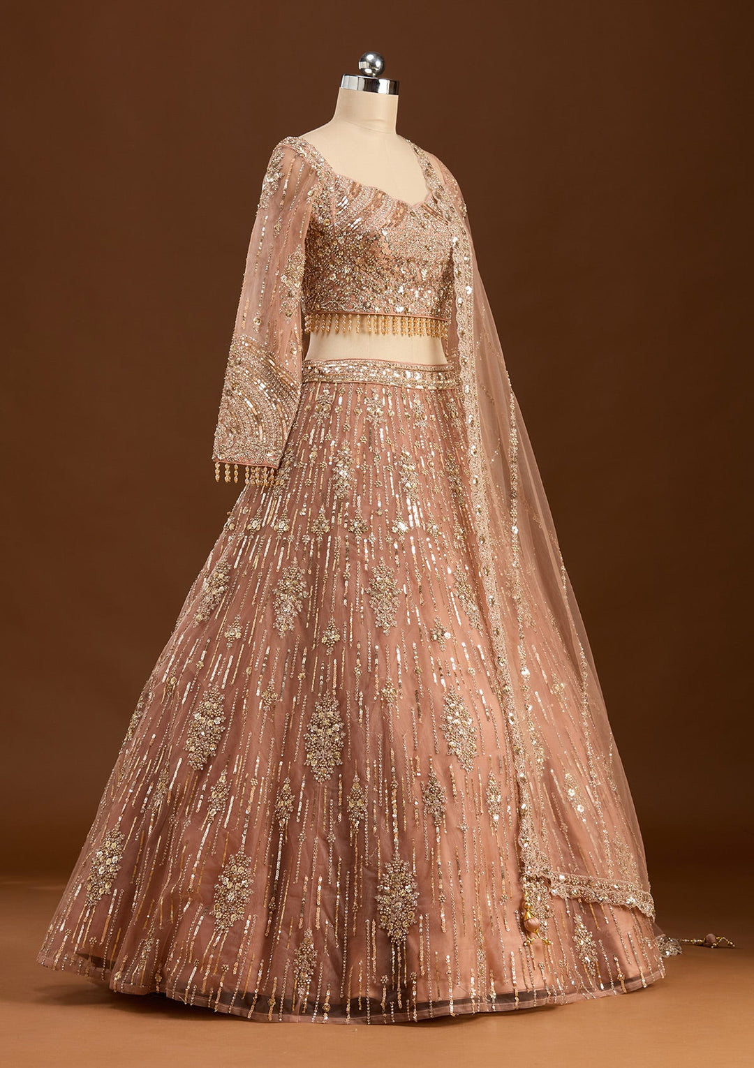Peach Sequins Net Readymade Lehenga-koskii