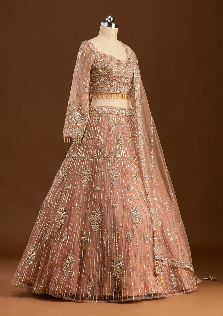 Peach Sequins Net Readymade Lehenga-koskii
