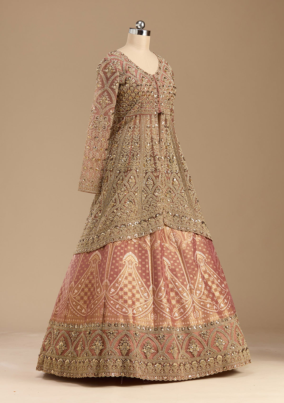 Onion Pink Cording Net Readymade Lehenga-koskii