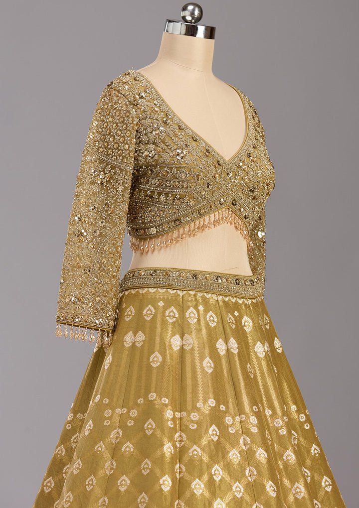 Mehendi Cording Banarasi Readymade Lehenga-koskii