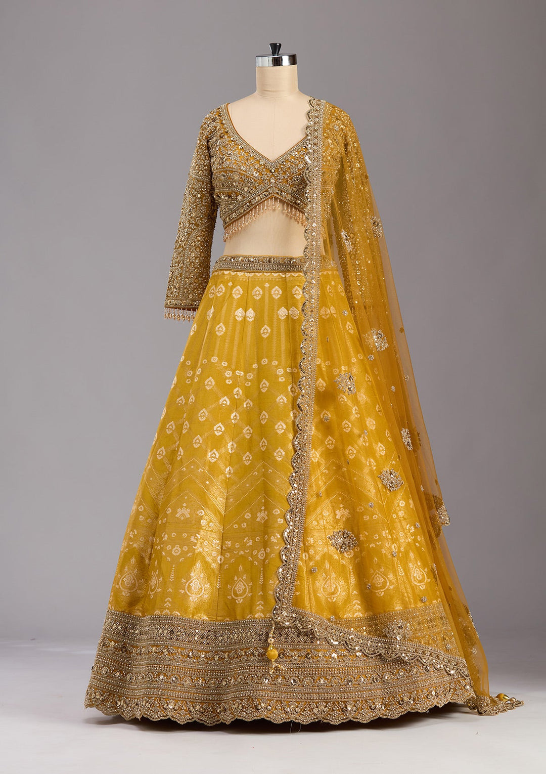 Mustard Cording Banarasi Readymade Lehenga-koskii