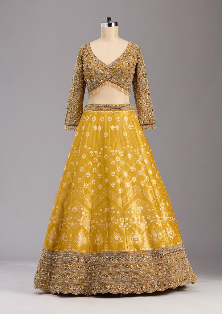 Mustard Cording Banarasi Readymade Lehenga-koskii