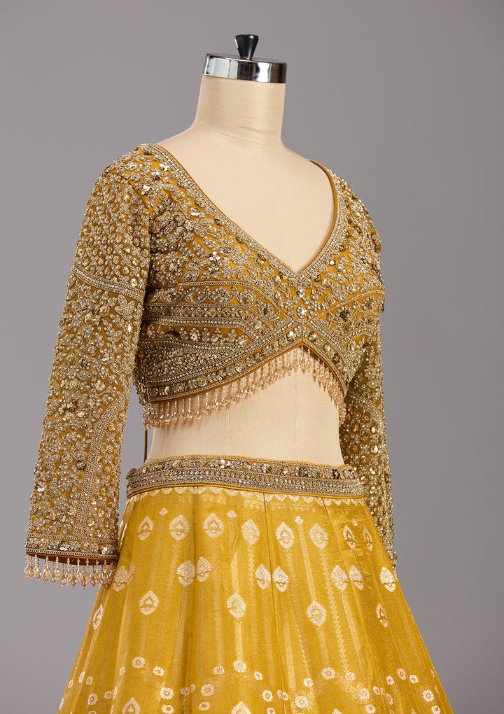 Mustard Cording Banarasi Readymade Lehenga-koskii