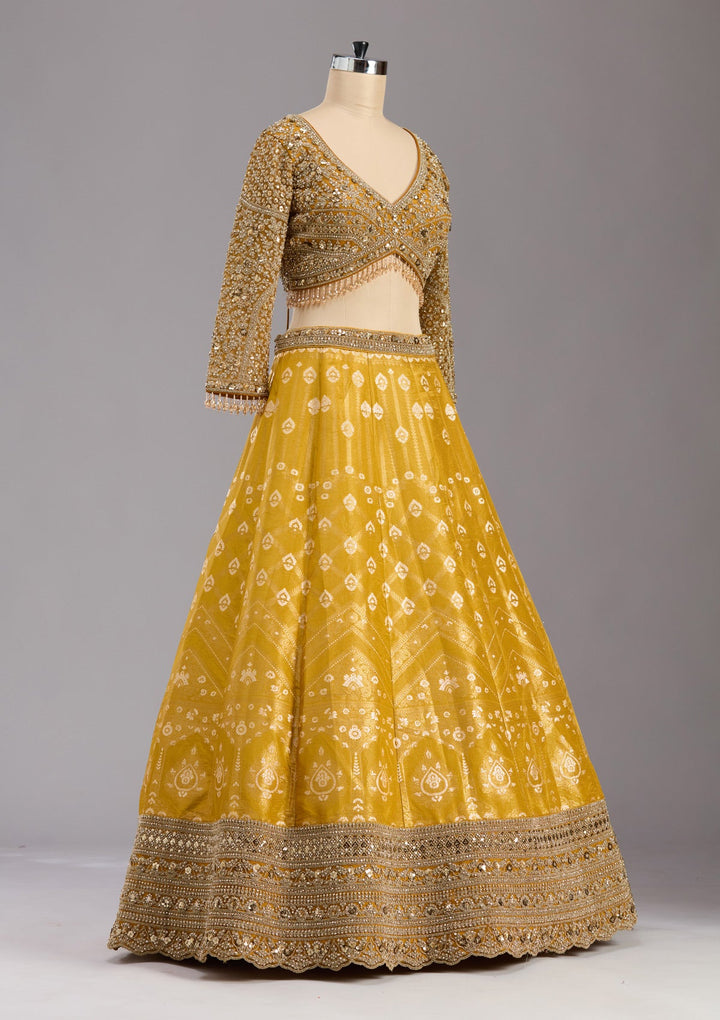 Mustard Cording Banarasi Readymade Lehenga-koskii