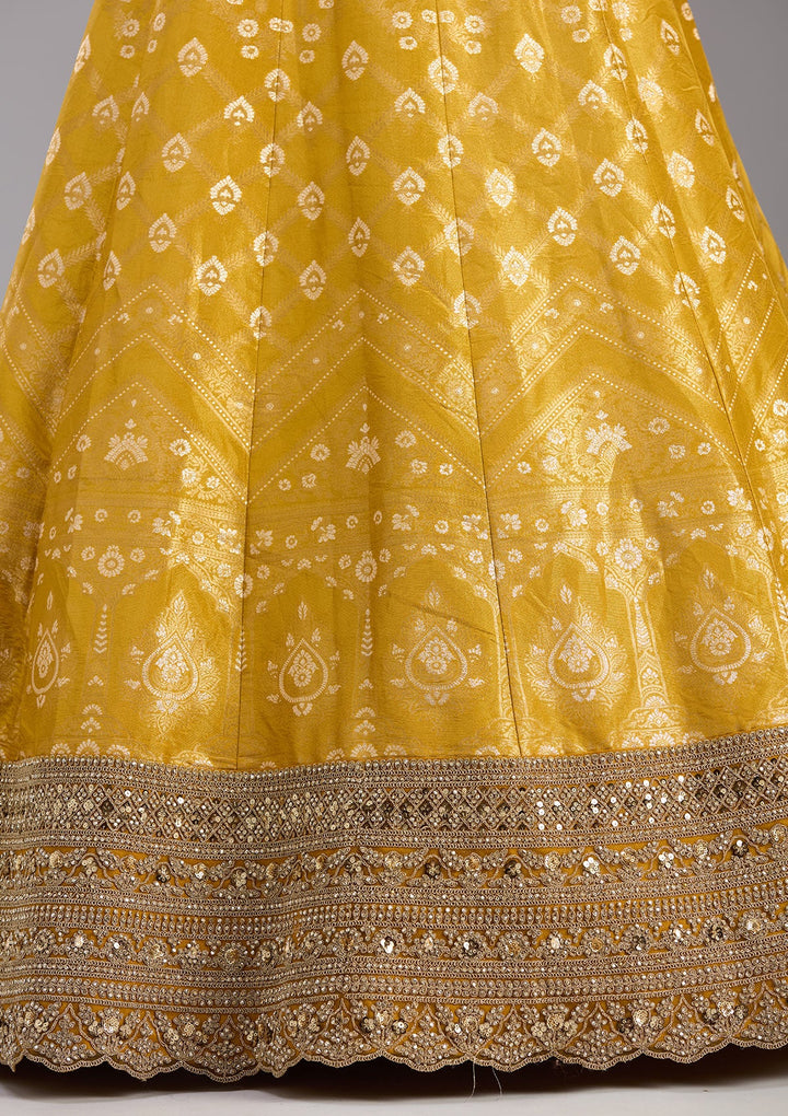 Mustard Cording Banarasi Readymade Lehenga-koskii