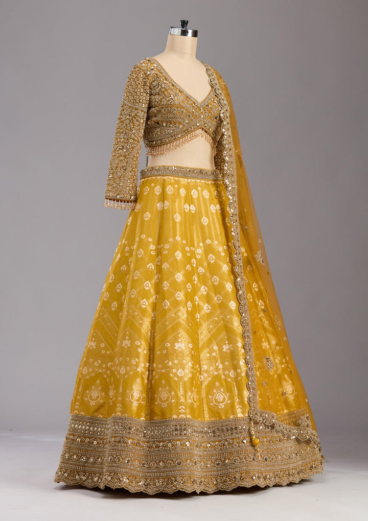 Mustard Cording Banarasi Readymade Lehenga-koskii