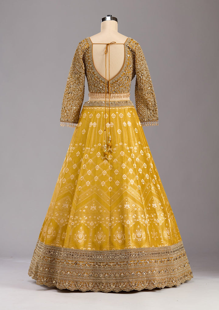 Mustard Cording Banarasi Readymade Lehenga-koskii