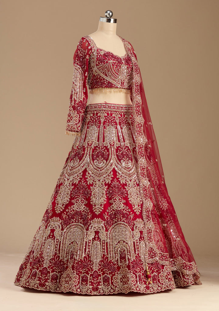 Dark Maroon Applique Net Readymade Lehenga-koskii
