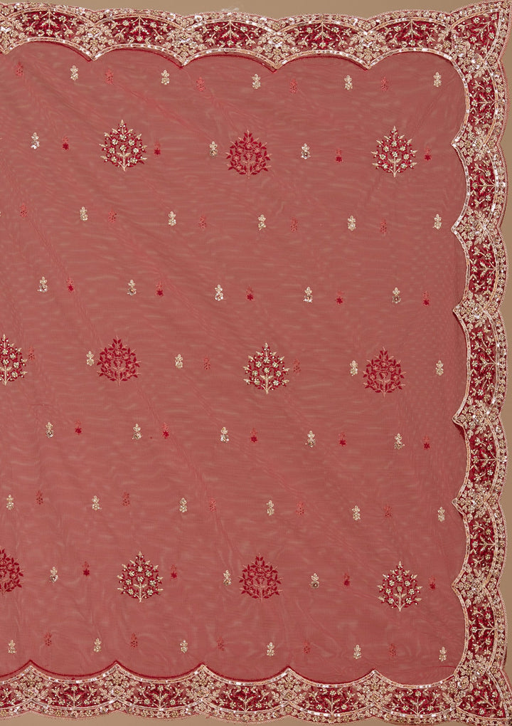 Dark Maroon Applique Net Readymade Lehenga-koskii