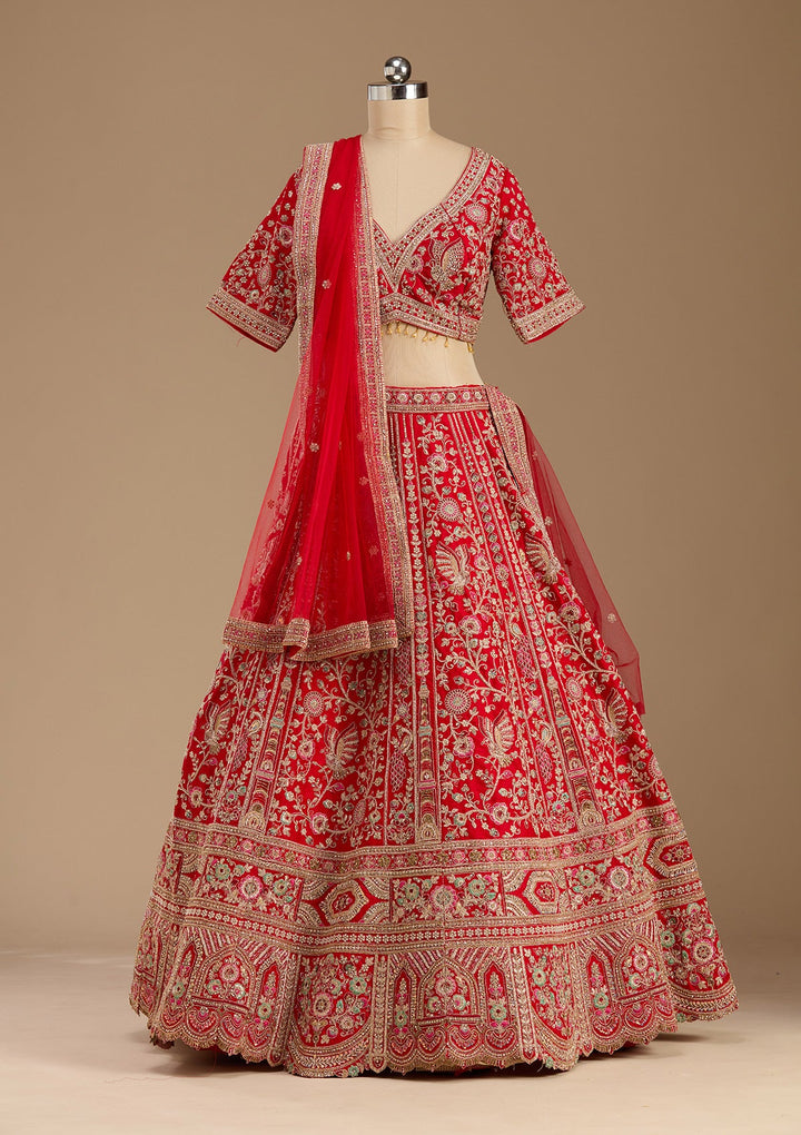 Red Cording Raw Silk Readymade Lehenga-koskii