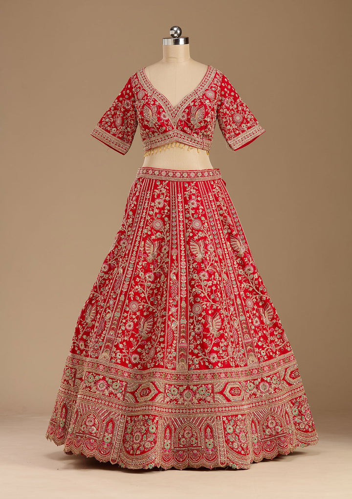 Red Cording Raw Silk Readymade Lehenga-koskii