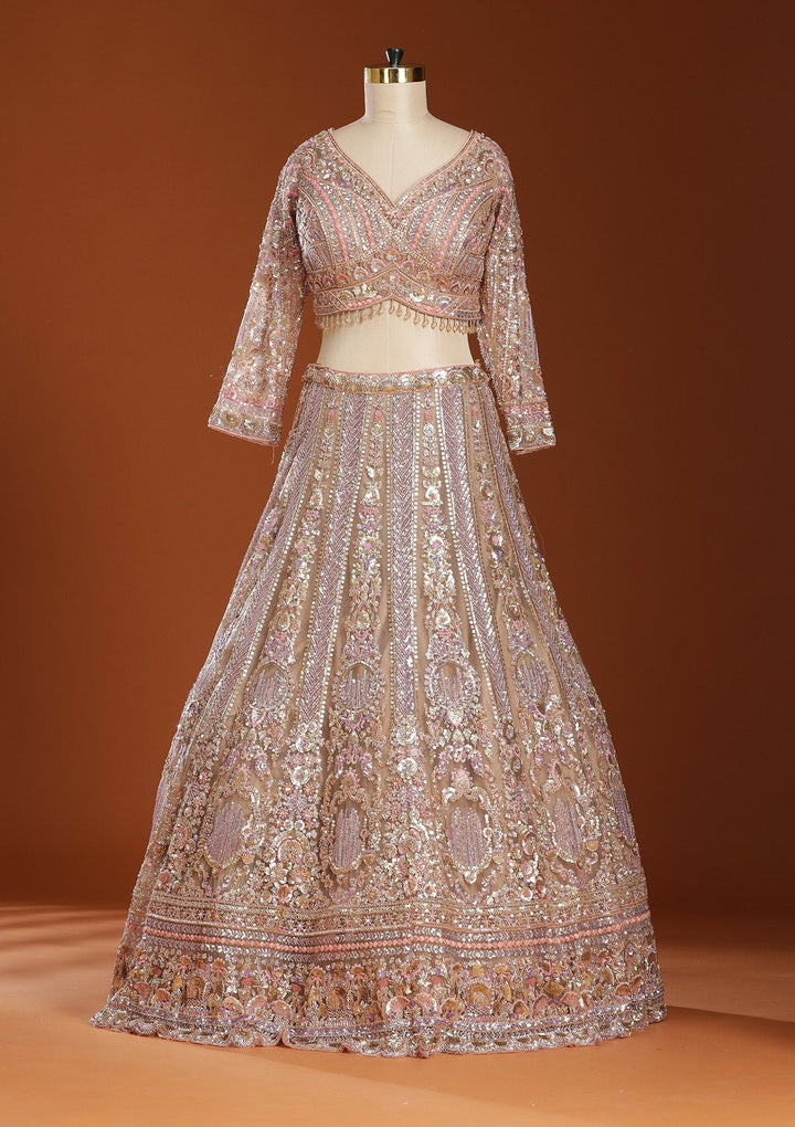 Light Peach Sequins Net Readymade Lehenga-koskii