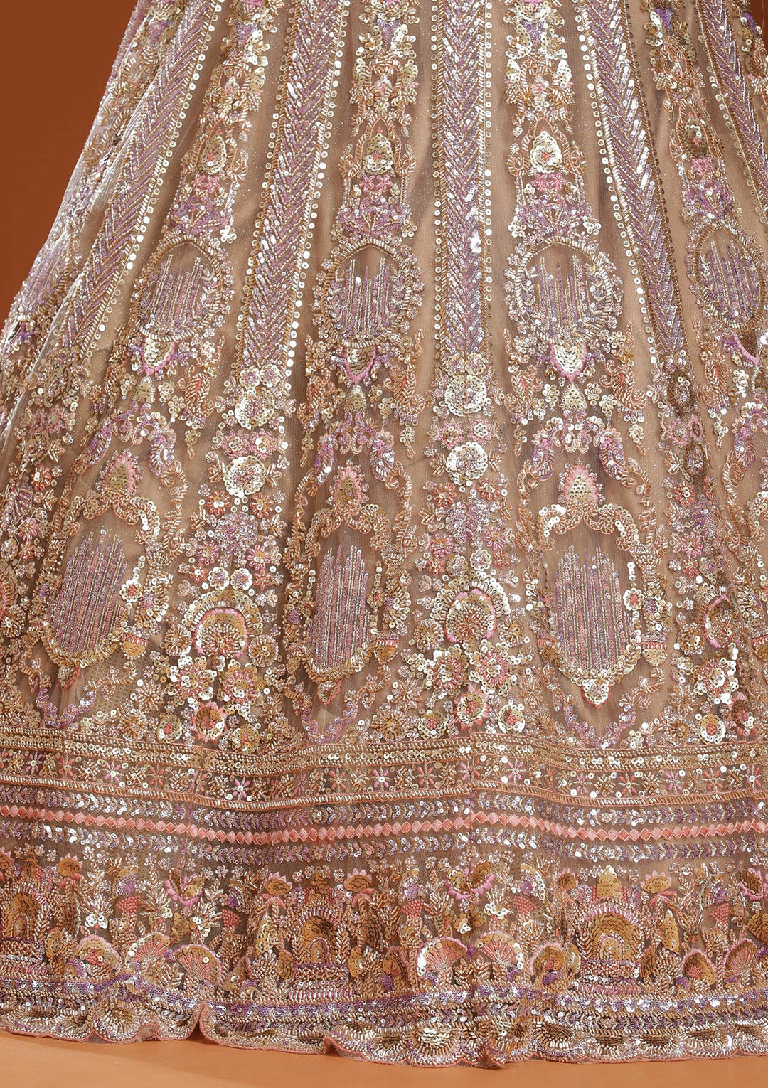 Light Peach Sequins Net Readymade Lehenga-koskii