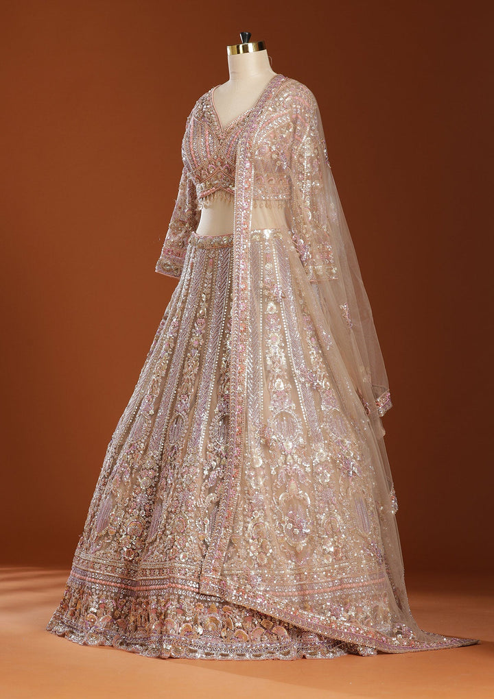 Light Peach Sequins Net Readymade Lehenga-koskii